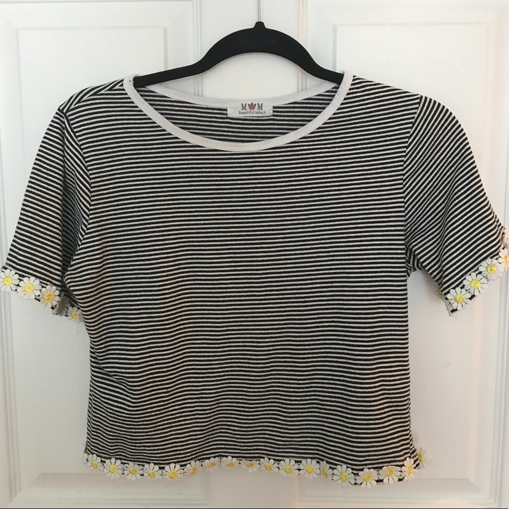 Striped Black and White Tee with Sunflower Border